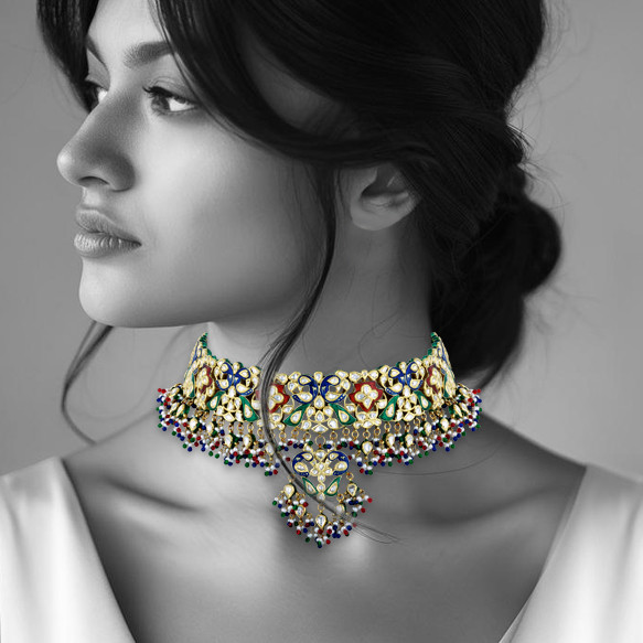 Polki Choker with Multicoloured Enamel and Beads